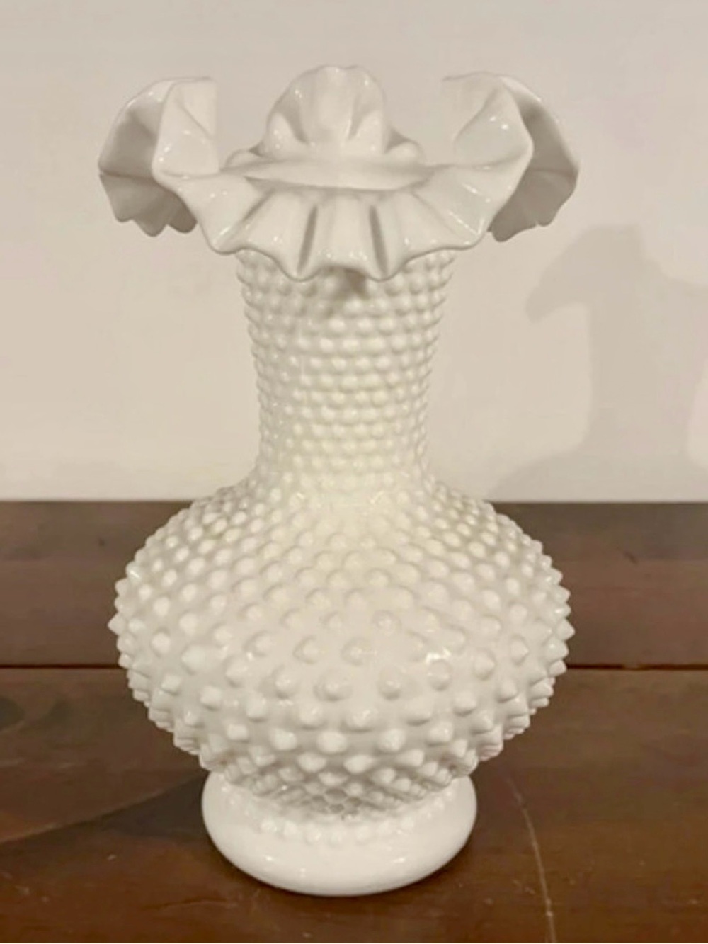 Fenton White Hobnail Ruffled Vase